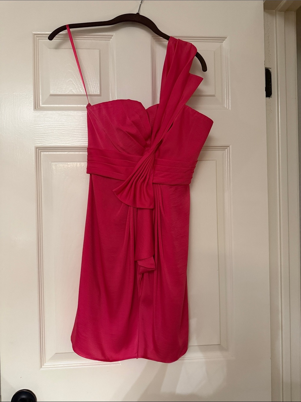 One shoulder bright pink dress